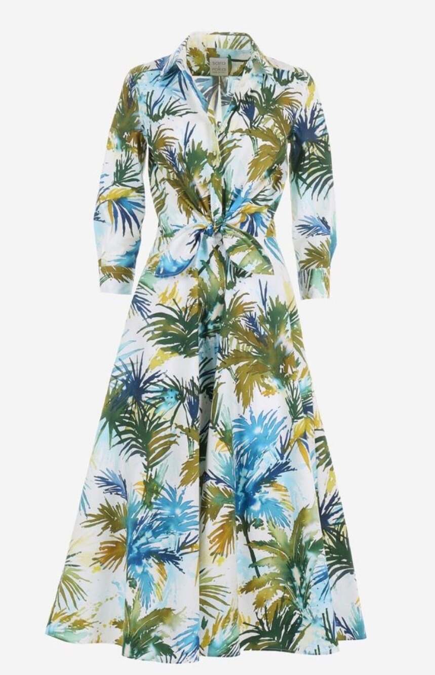 Sara Roka Dralla Palm Print Cotton Shirt Dress Retail $975
